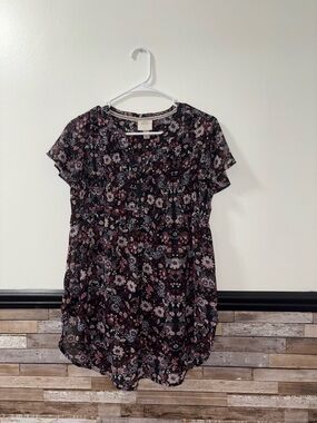 Knox Rose Black Floral Short-Sleeve Tunic with Pink and Cream Accents Size Small